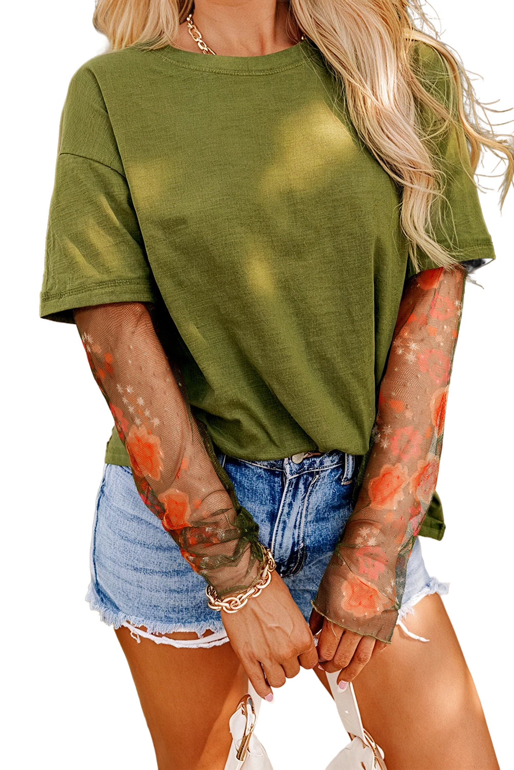 Fern Green Floral Mesh Patchwork Sleeve Crewneck Top