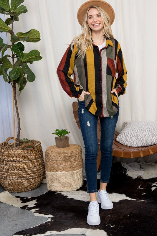 PLUS COZY STRIPE BUTTON DOWN SHACKET