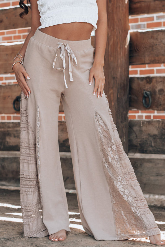 Smoke Gray Lace Patchwork Wide Leg High Waist Pants