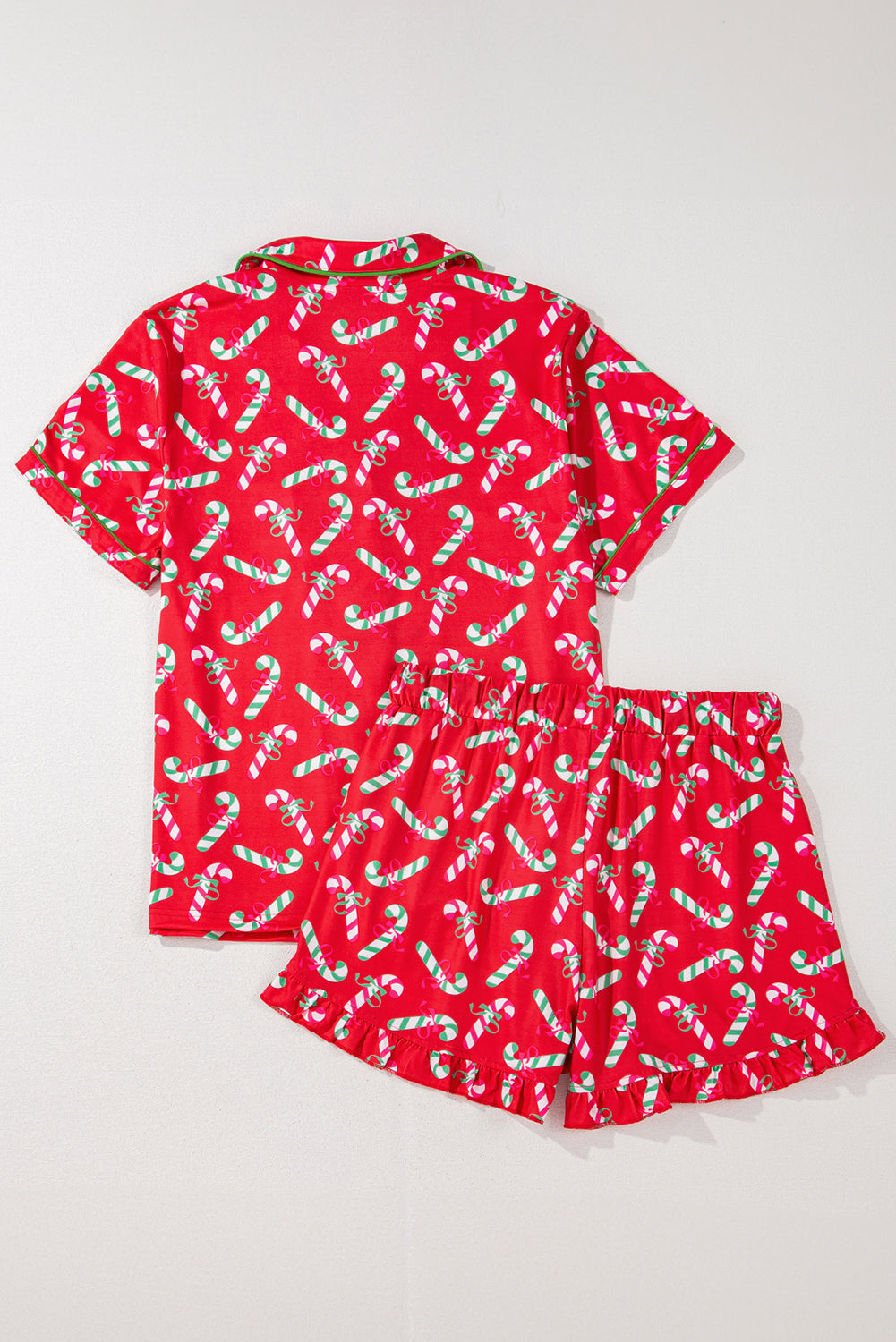 Green Christmas Candy Cane Print Ruffle Hem Pajama Set