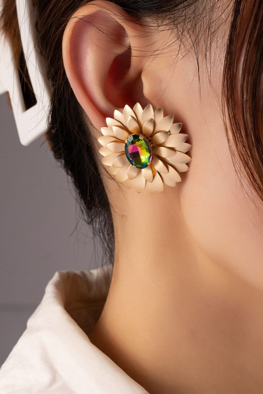 metal flower earrings with gem stone