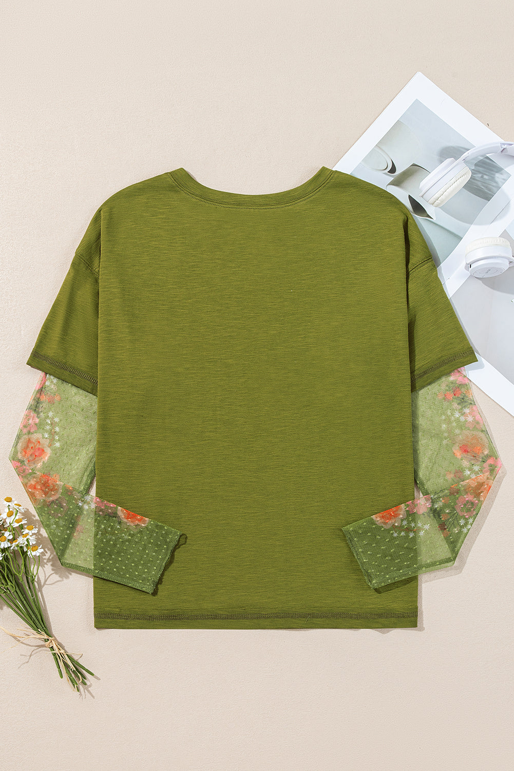 Fern Green Floral Mesh Patchwork Sleeve Crewneck Top