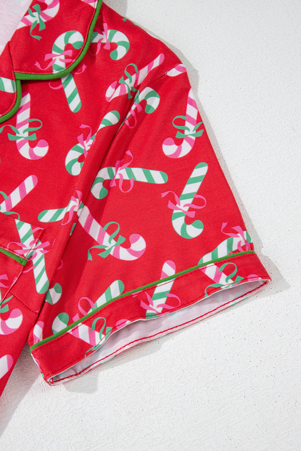 Green Christmas Candy Cane Print Ruffle Hem Pajama Set