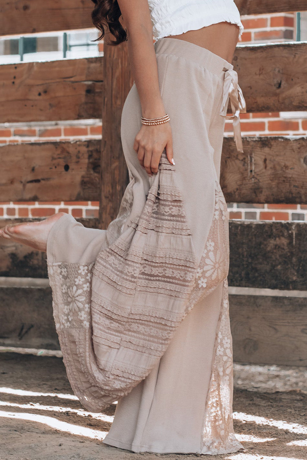 Smoke Gray Lace Patchwork Wide Leg High Waist Pants