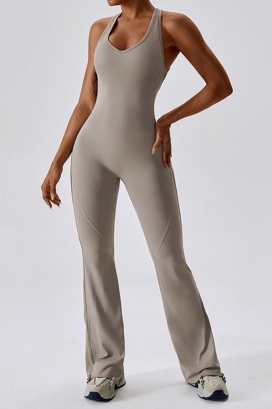 Solid flared trousers cutout back jumpsuit