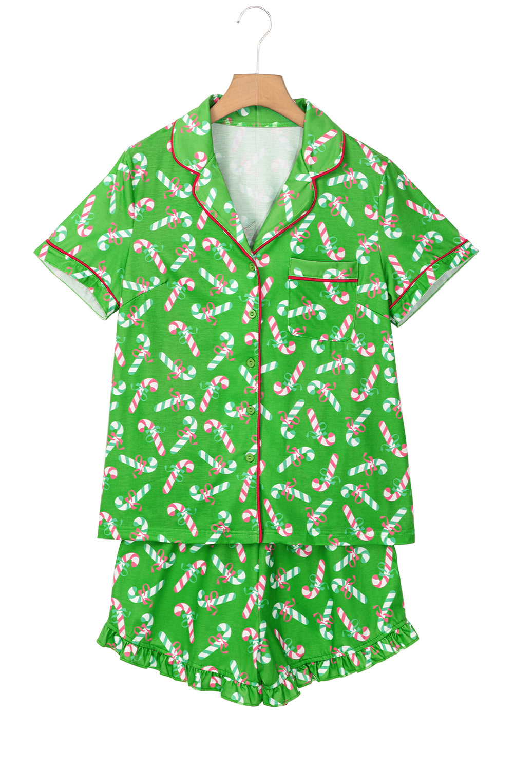 Green Christmas Candy Cane Print Ruffle Hem Pajama Set