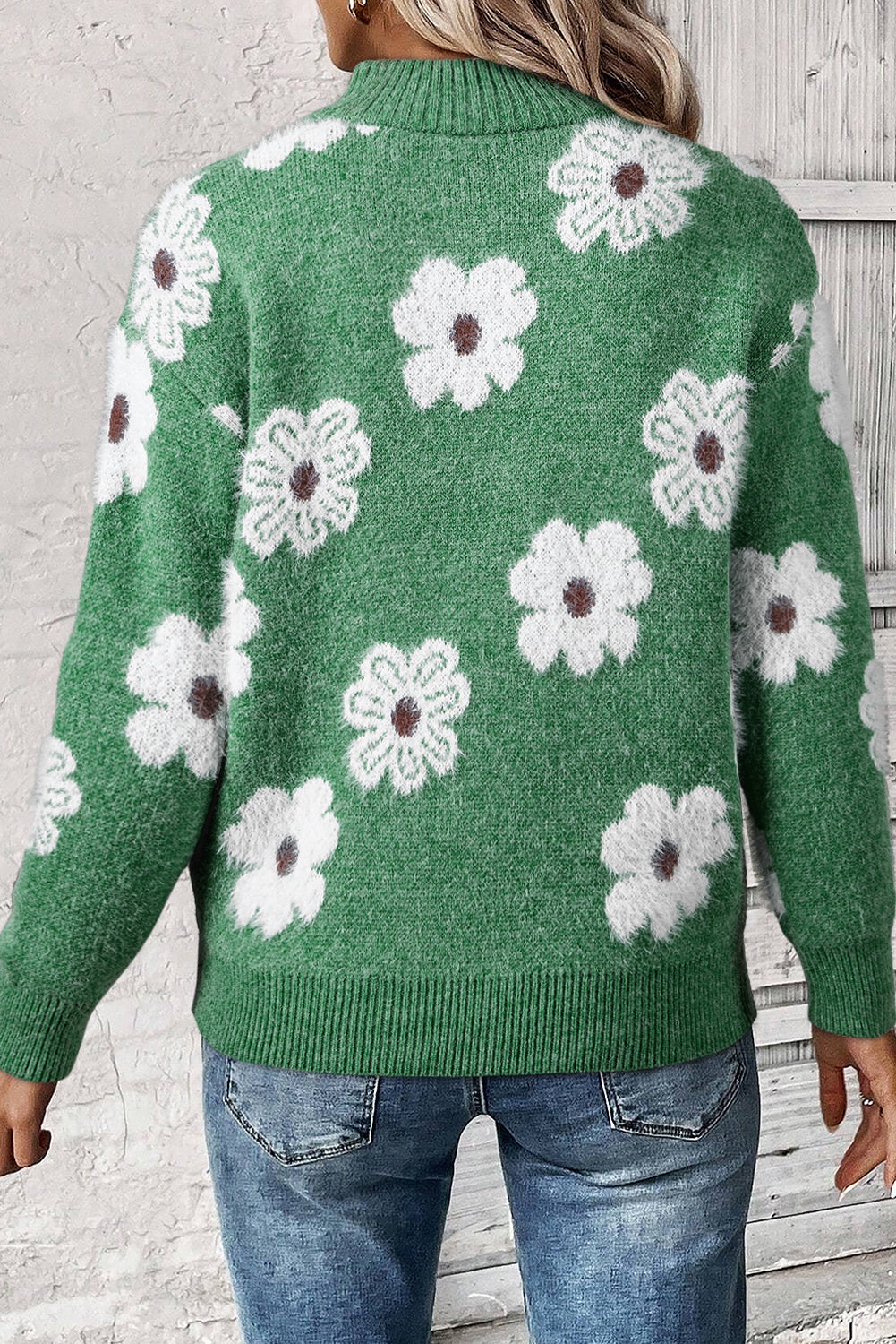 Green Vintage 60s Floral Pattern Half Zip Collar Drop Shoulder Sweater