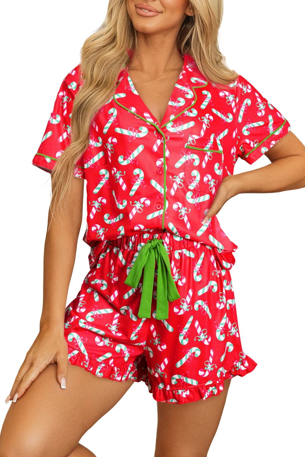 Green Christmas Candy Cane Print Ruffle Hem Pajama Set