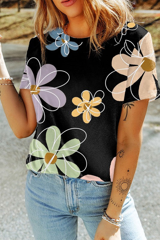 Summer Flower Print Casual Round Neck T Shirt