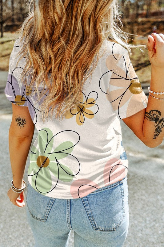 Summer Flower Print Casual Round Neck T Shirt