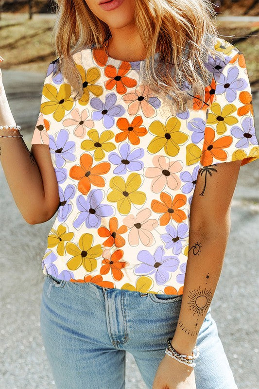 Summer Flower Print Casual Round Neck T Shirt