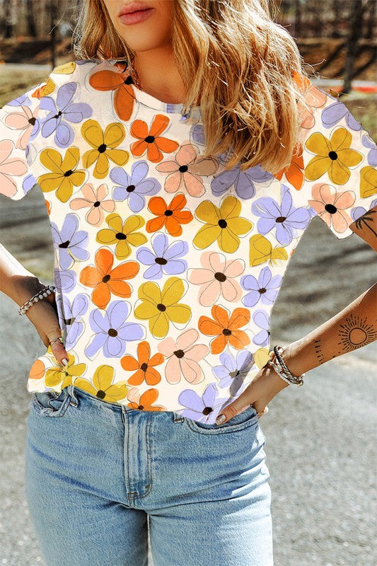 Summer Flower Print Casual Round Neck T Shirt