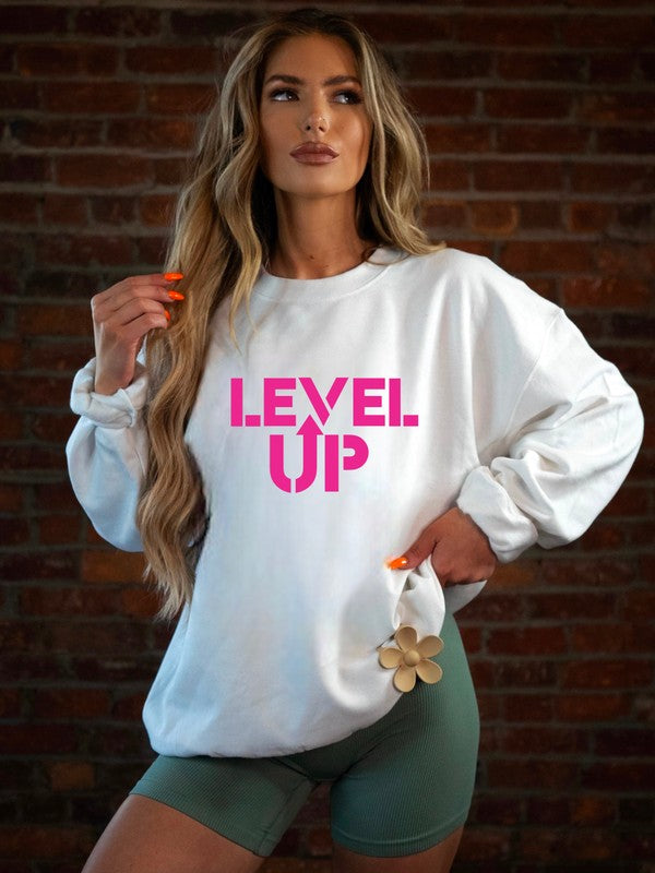 Pink Ink Level Up Graphic Crew Sweatshirt