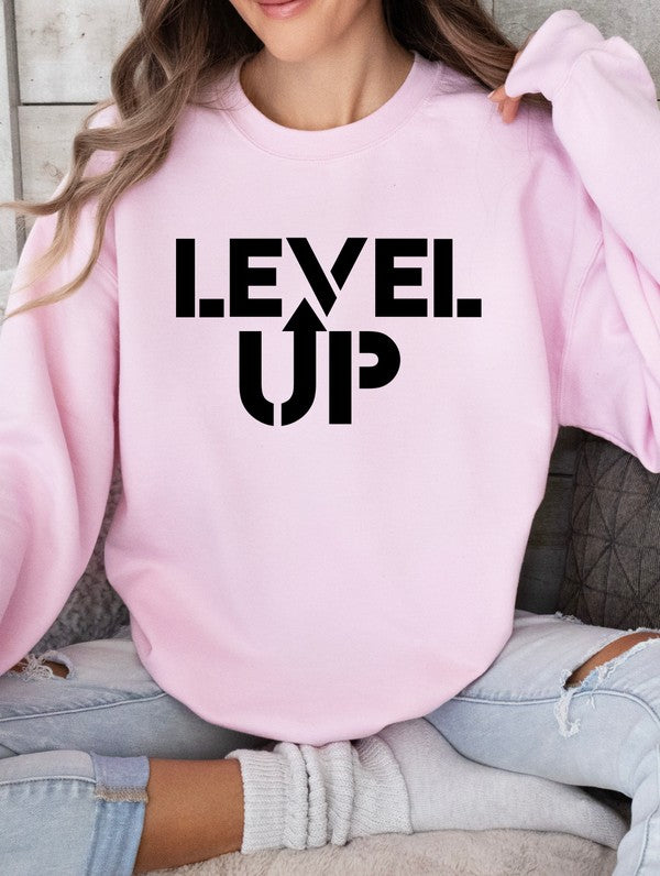 Black Print Level Up Graphic Crew Sweatshirt