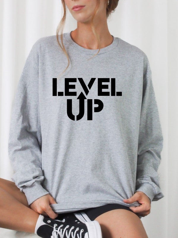 Black Print Level Up Graphic Crew Sweatshirt