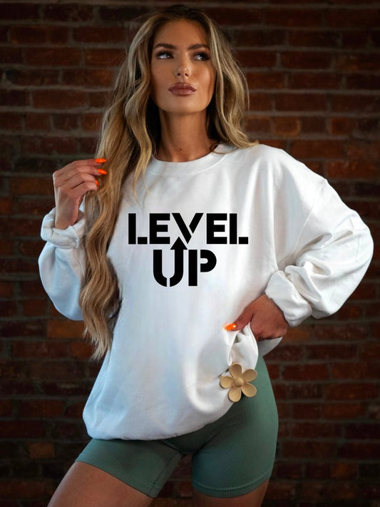 Black Print Level Up Graphic Crew Sweatshirt