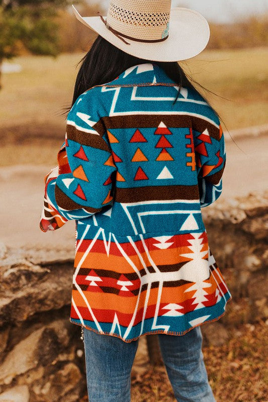 Sky Blue Aztec Printed Lapel Bell Sleeve Jacket