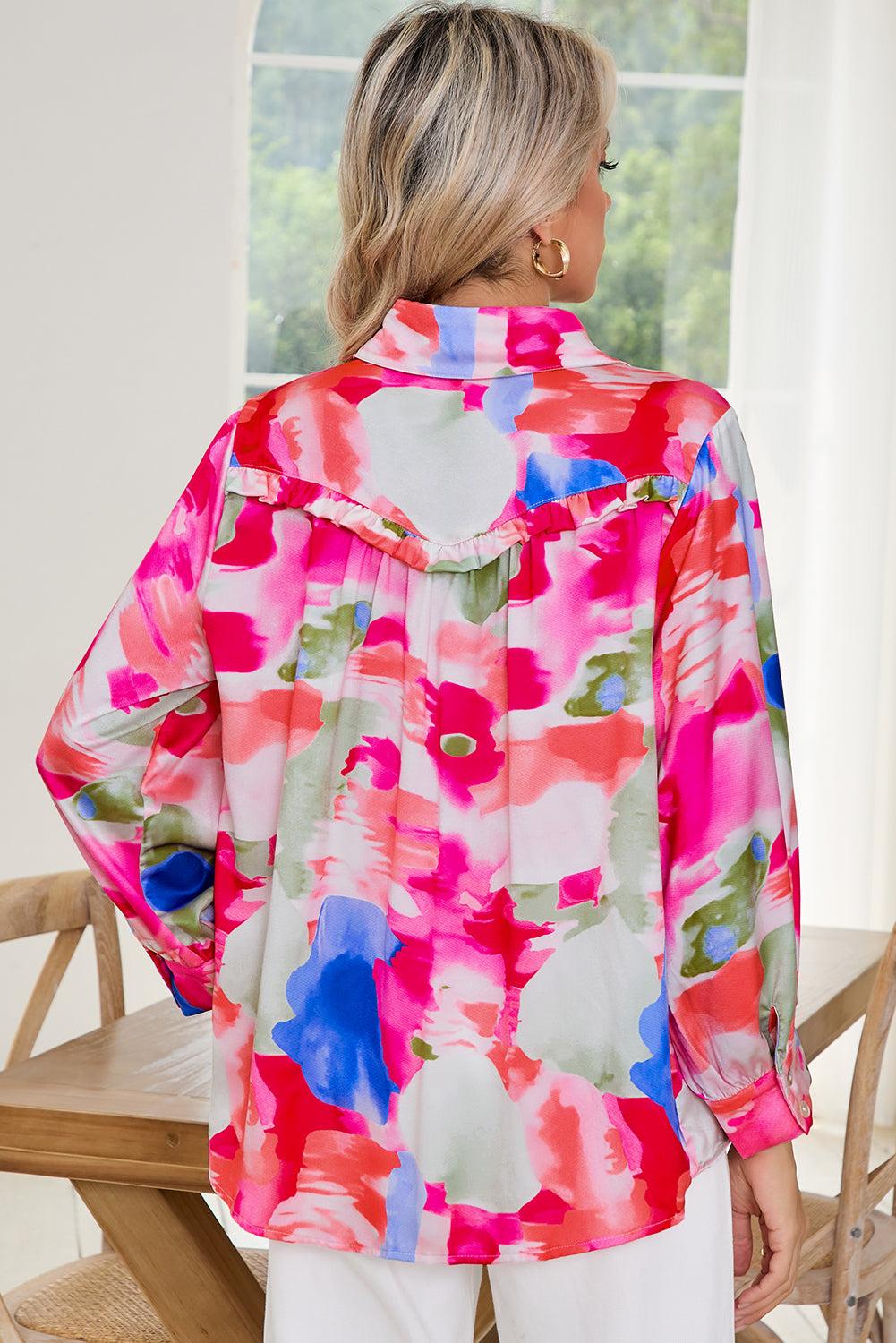 Multicolour Abstract Print Frill Detail Button Up Shirt