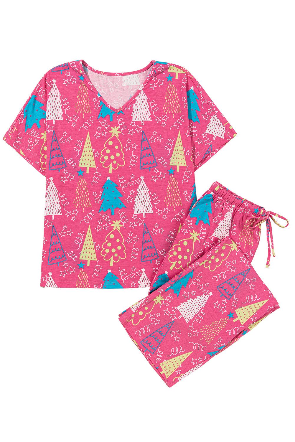 Rose Christmas Tree Print V Neck Tee and Pants Lounge Set