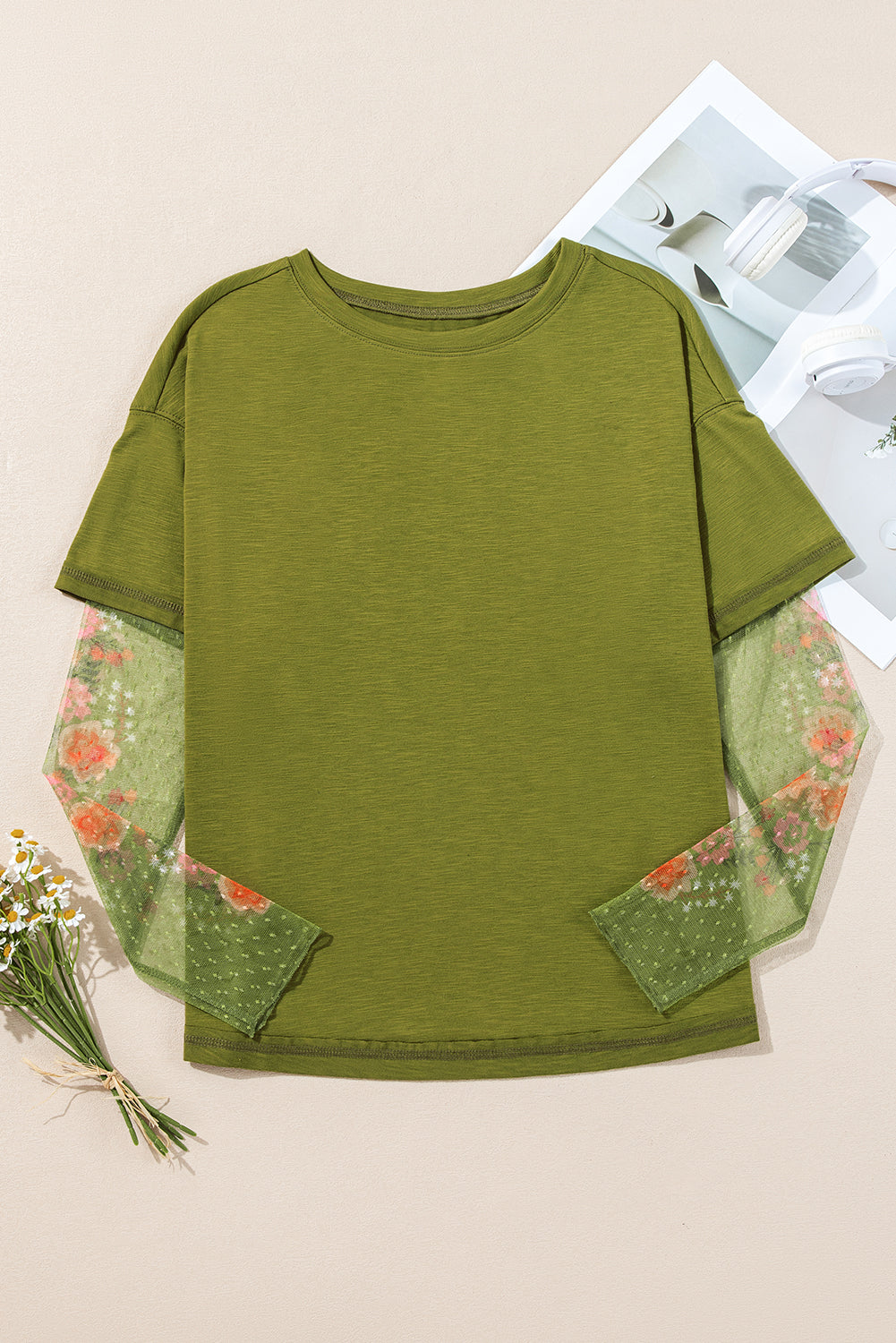 Fern Green Floral Mesh Patchwork Sleeve Crewneck Top