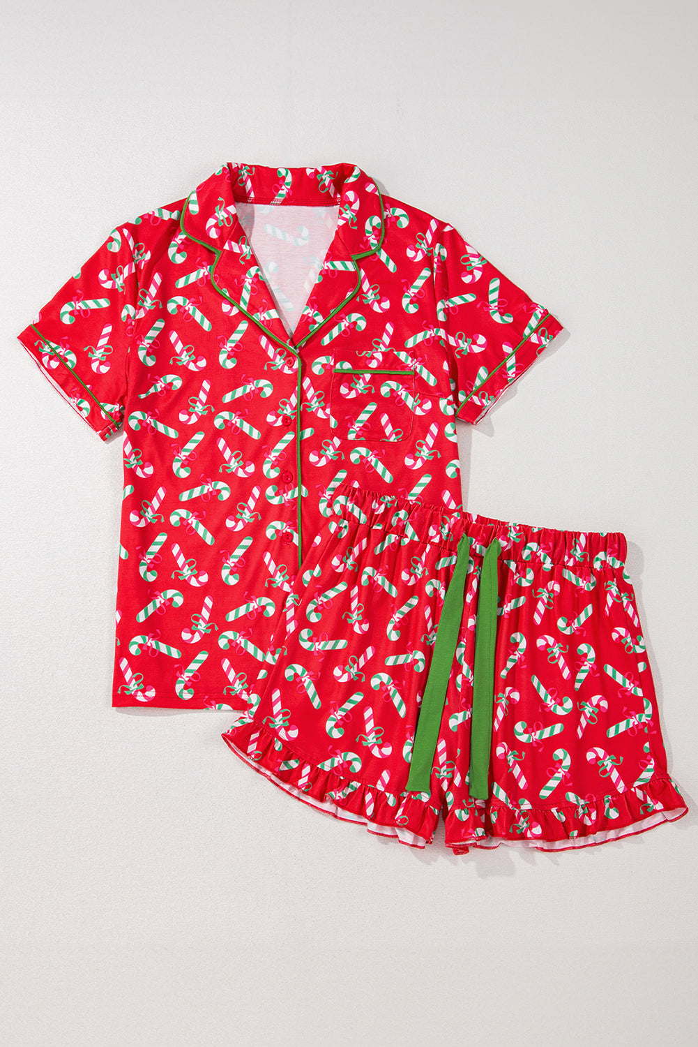 Green Christmas Candy Cane Print Ruffle Hem Pajama Set