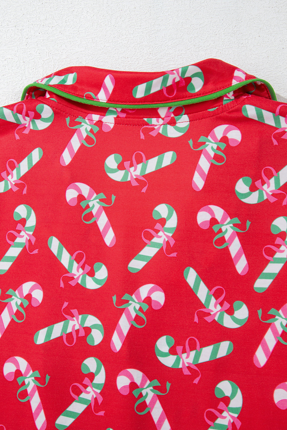 Green Christmas Candy Cane Print Ruffle Hem Pajama Set