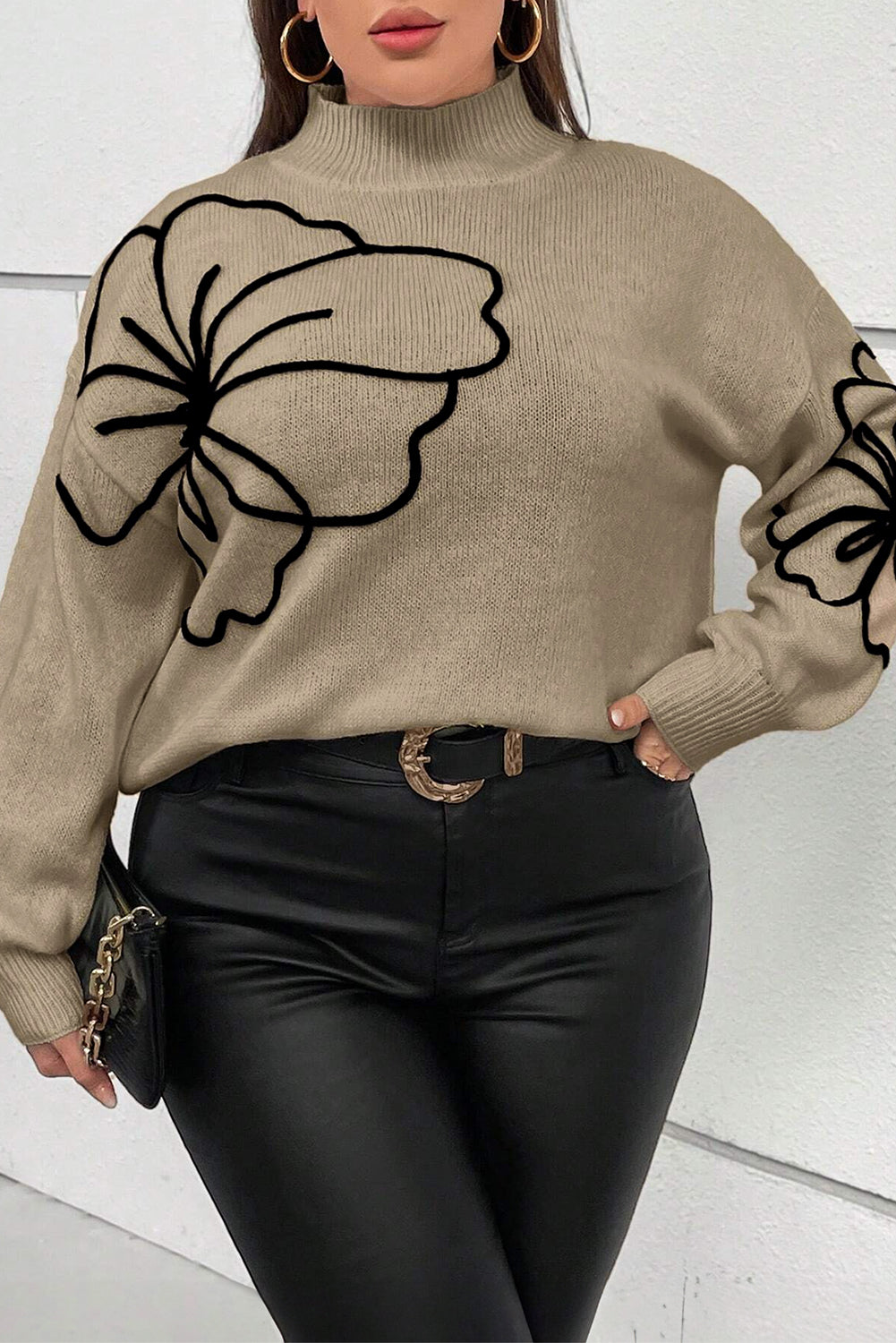 Dark Khaki Plus Size Flower Pattern High Neck Drop Shoulder Sweater