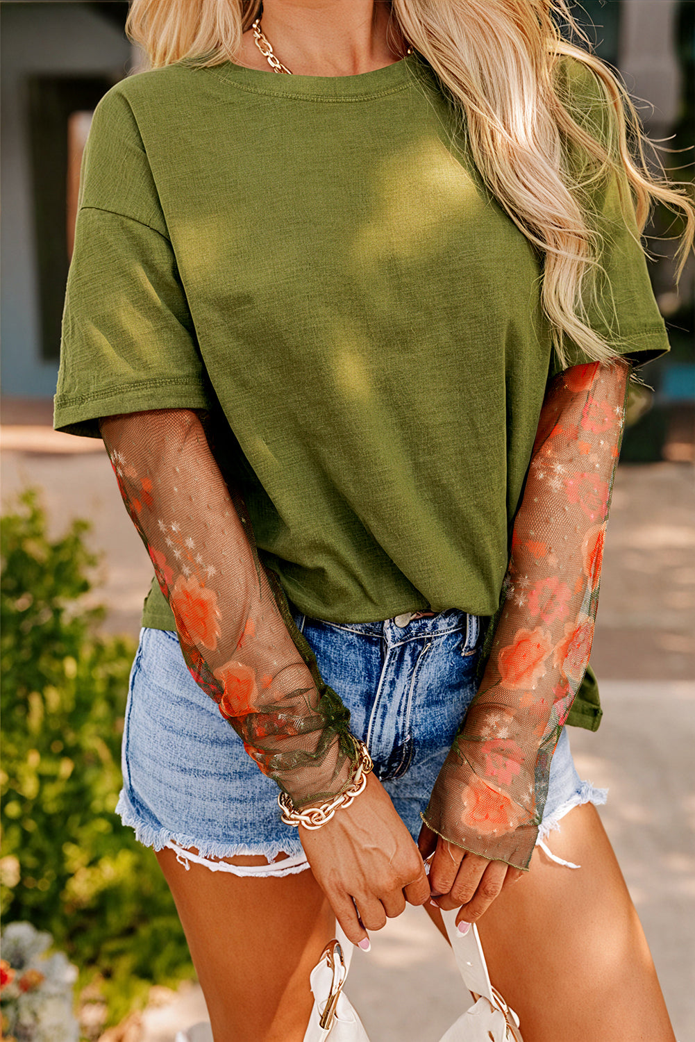 Fern Green Floral Mesh Patchwork Sleeve Crewneck Top