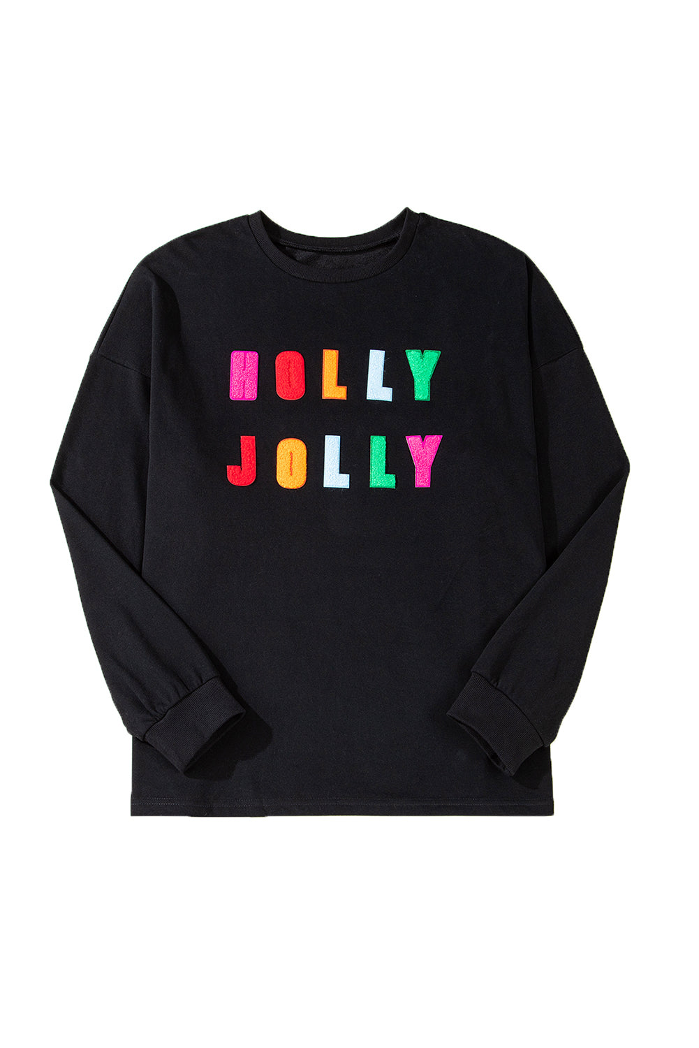 Black Chenille Holly Jolly Graphic Christmas Long Sleeve Top