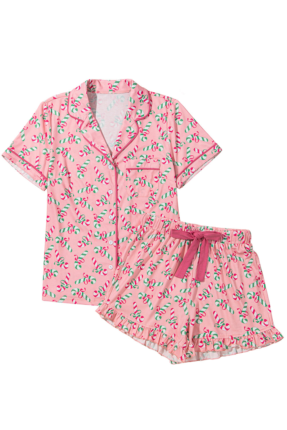 Green Christmas Candy Cane Print Ruffle Hem Pajama Set