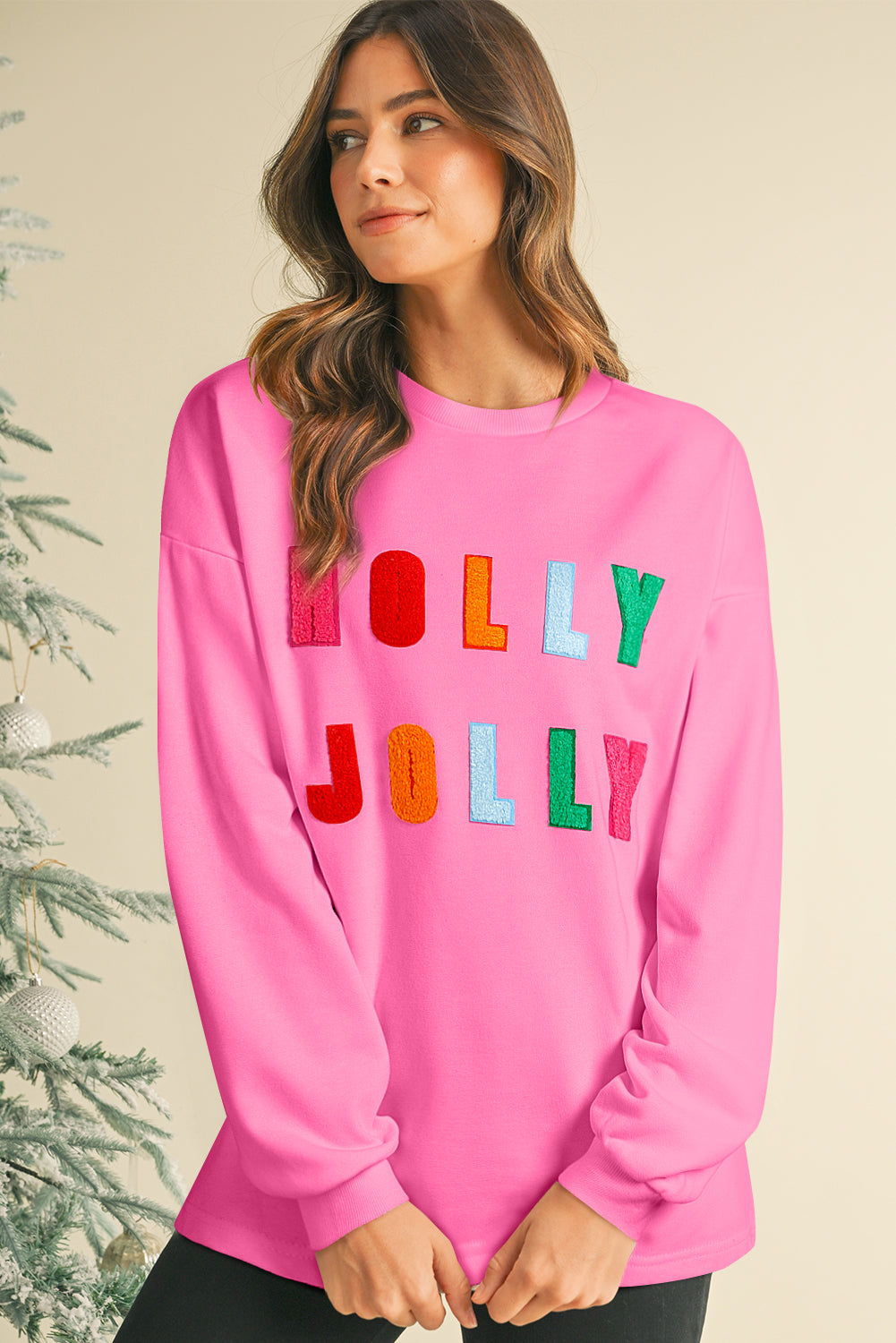 Black Chenille Holly Jolly Graphic Christmas Long Sleeve Top