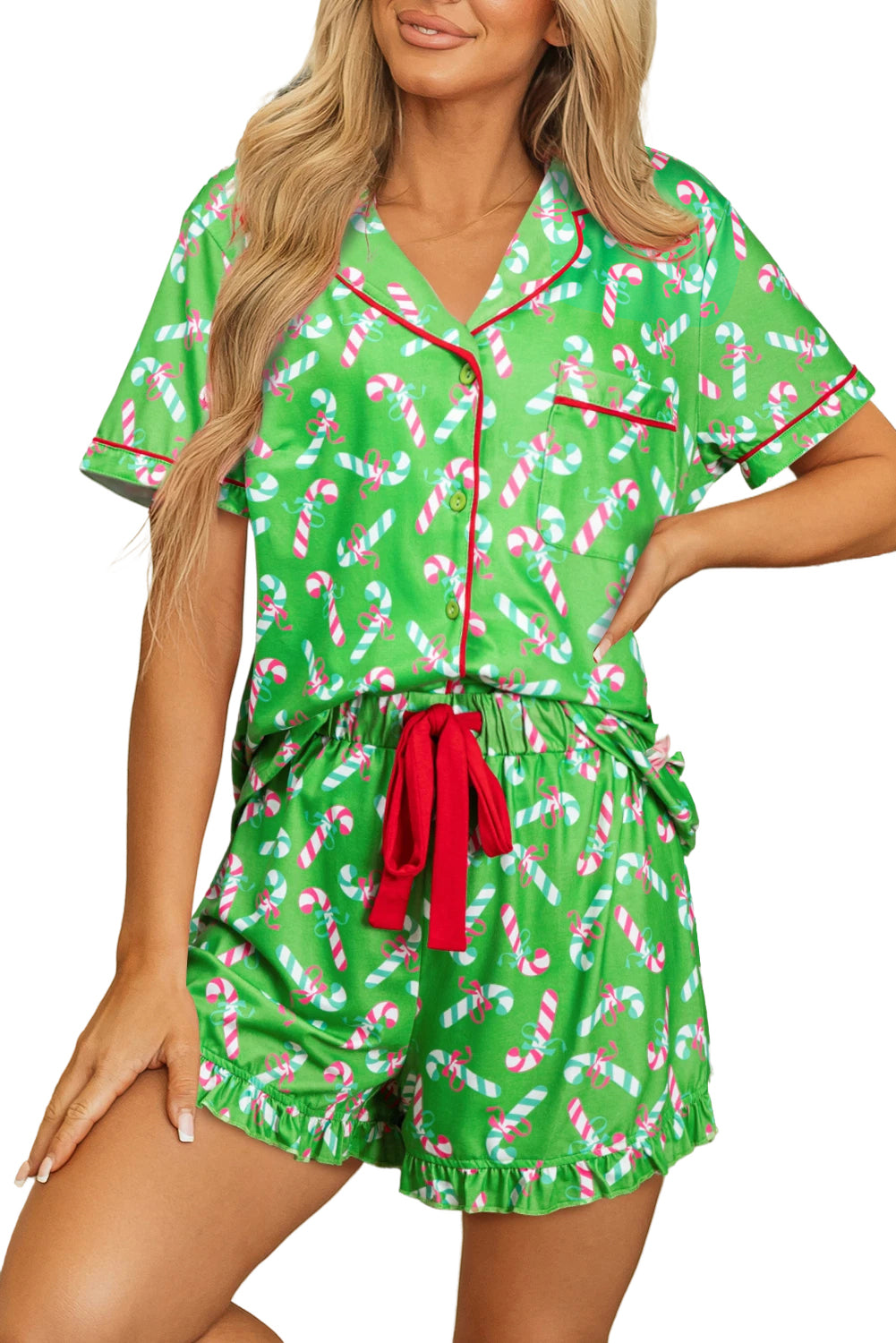 Green Christmas Candy Cane Print Ruffle Hem Pajama Set