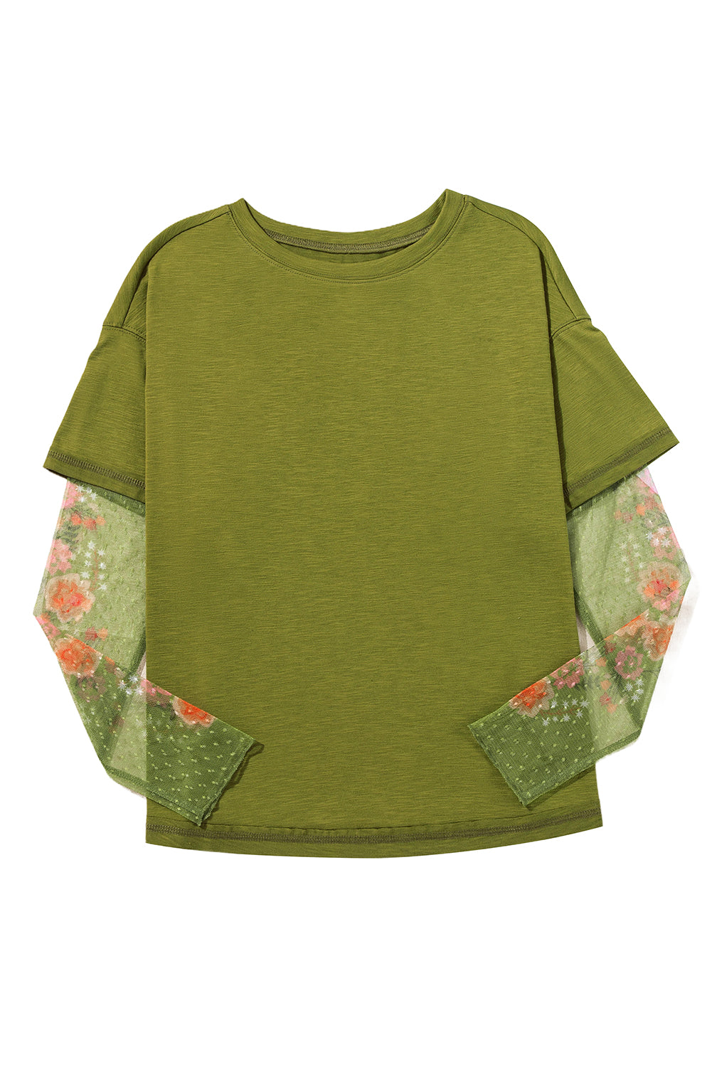 Fern Green Floral Mesh Patchwork Sleeve Crewneck Top