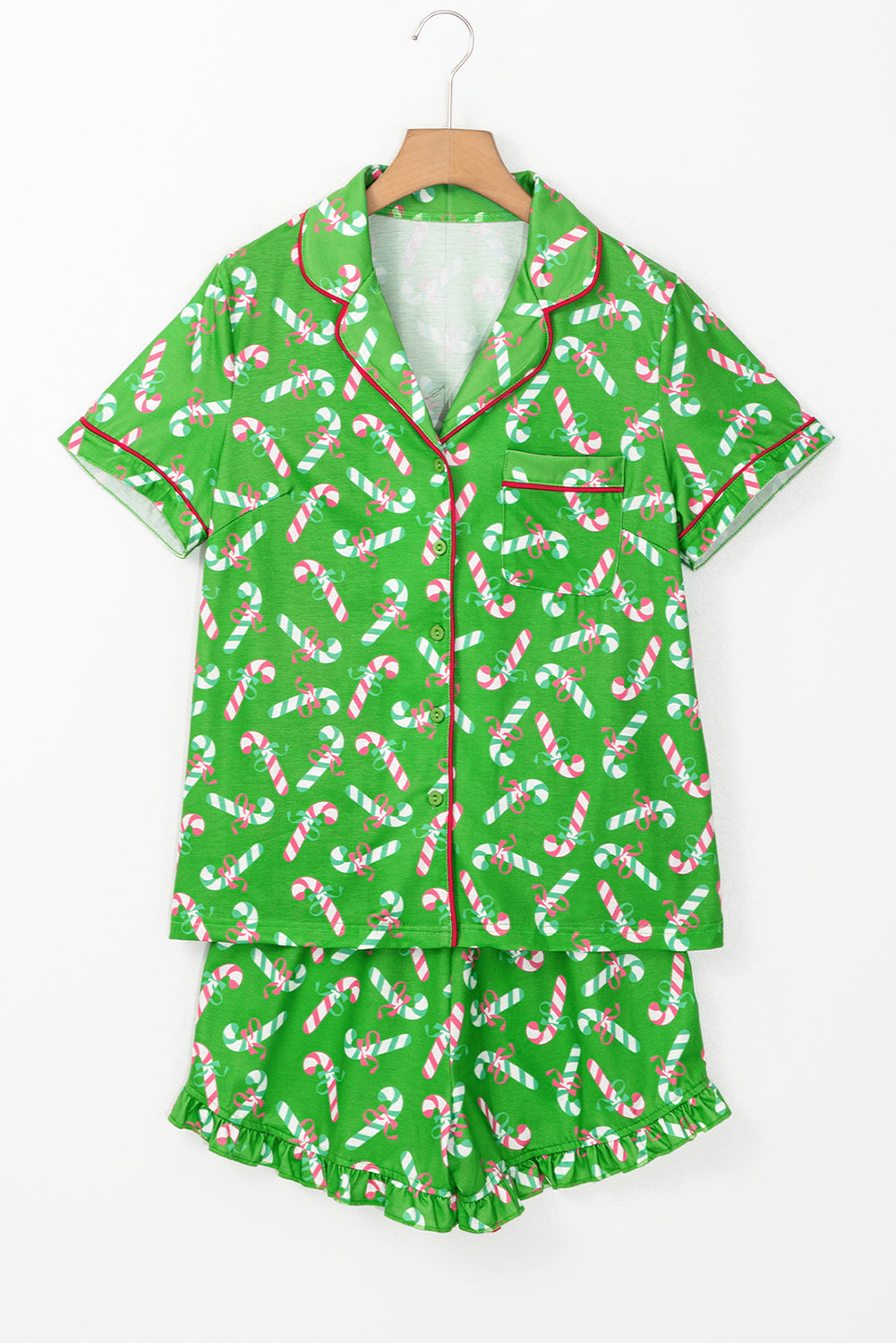 Green Christmas Candy Cane Print Ruffle Hem Pajama Set