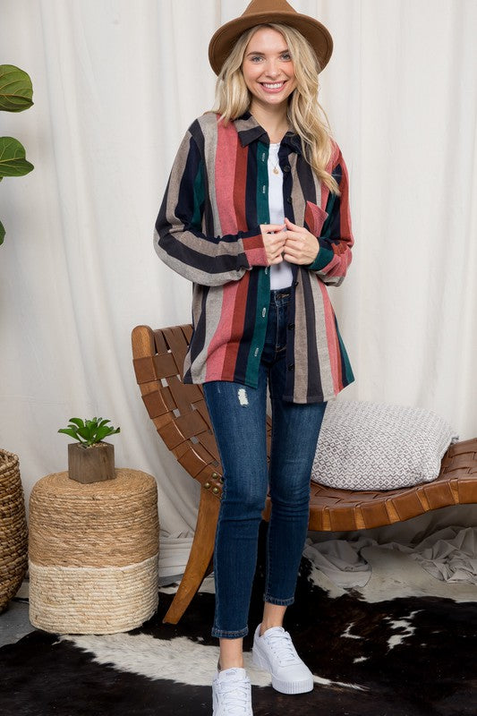 PLUS COZY STRIPE BUTTON DOWN SHACKET