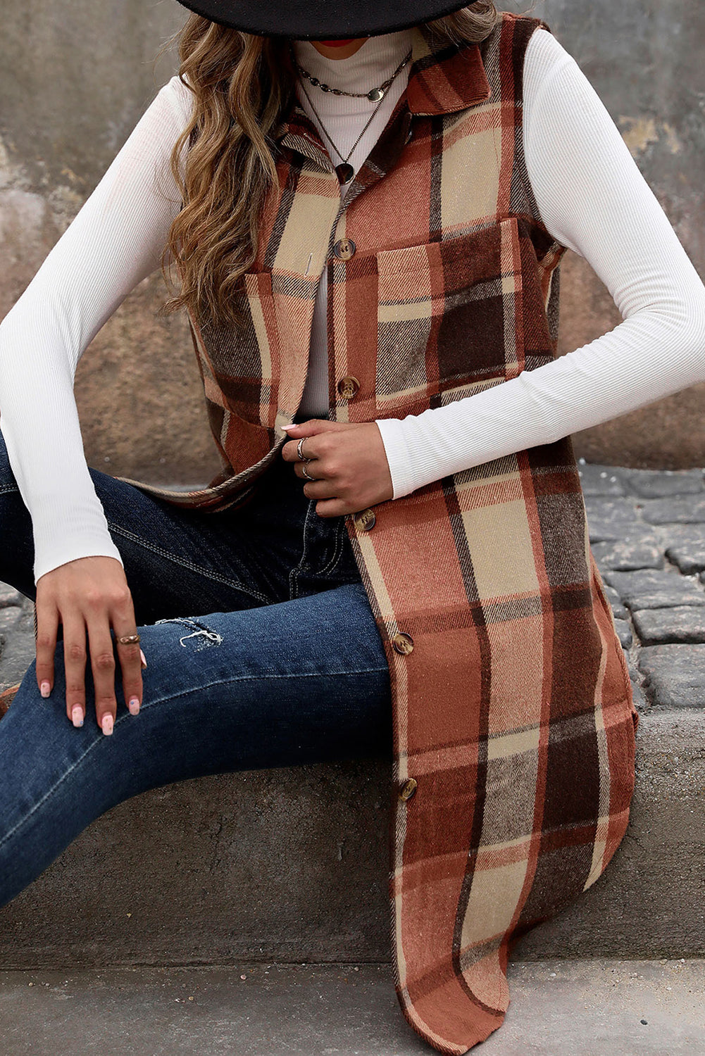 Cinnamon Mid Length Sleeveless Plaid Vest Jacket