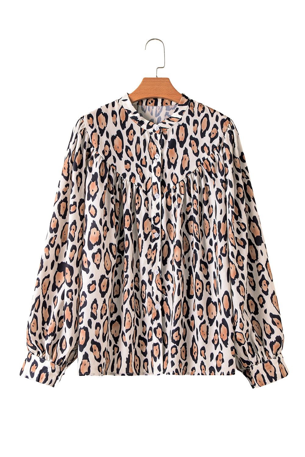 Light French Beige Leopard Print Balloon Sleeve Loose Blouse