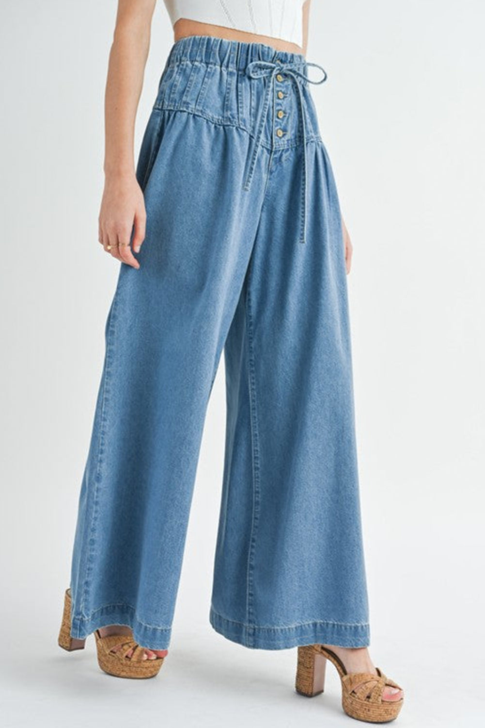 Dusk Blue Mineral Wash Button High Waist Wide Leg Jeans