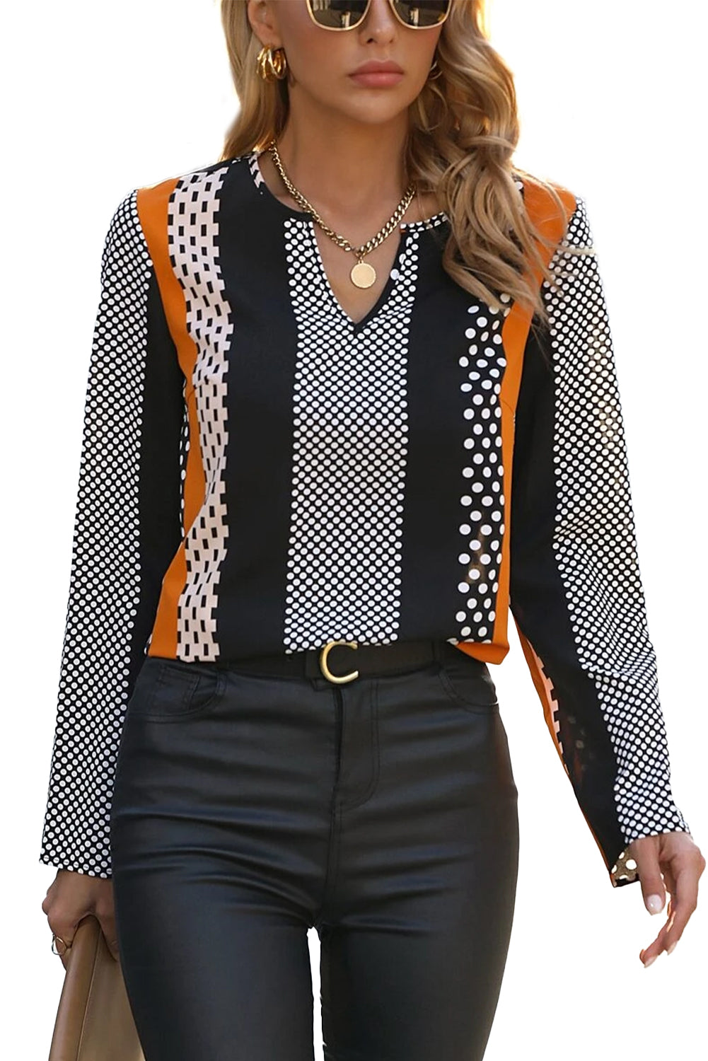 Orange Polka Dot Print Colorblock Notched Neck Top