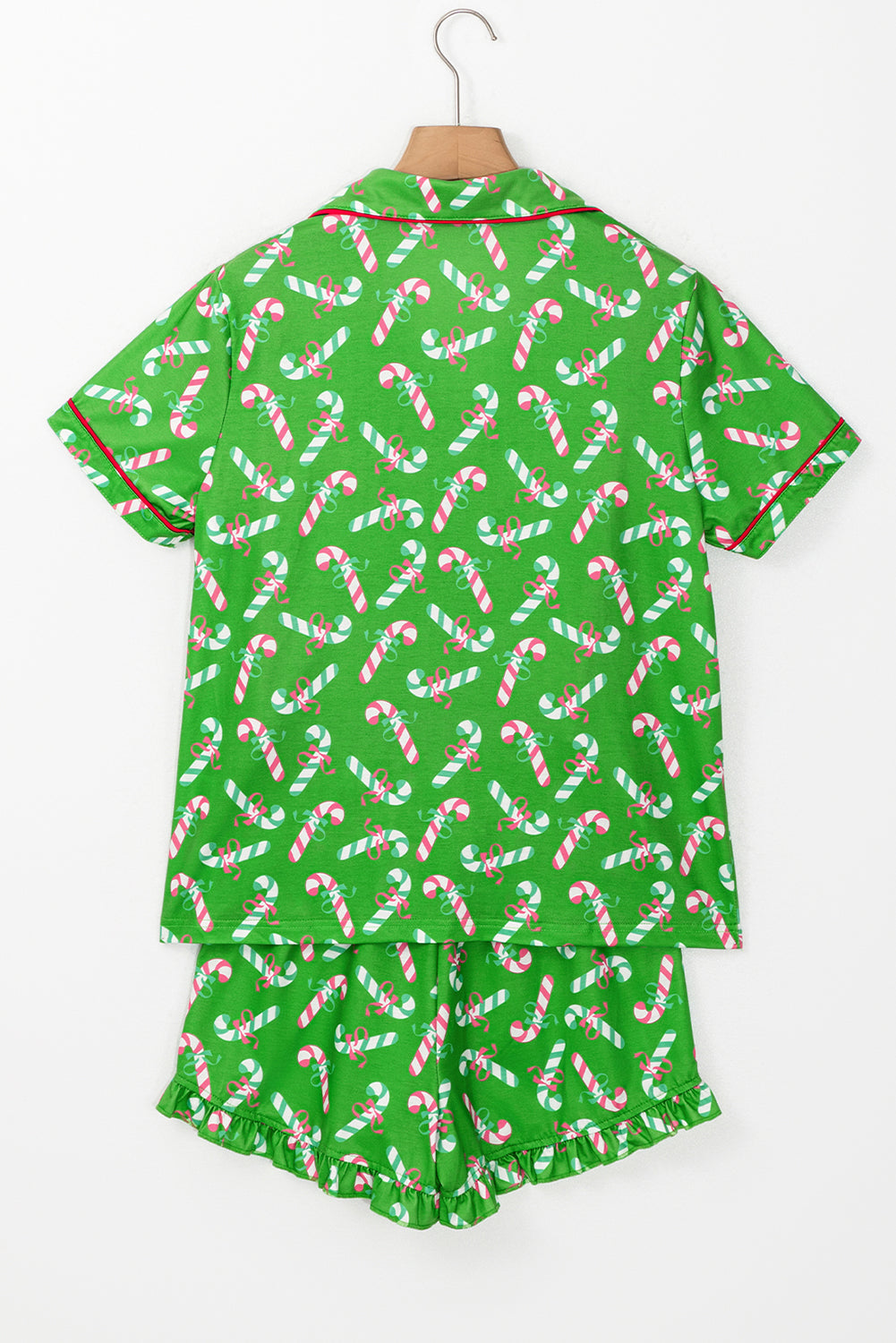 Green Christmas Candy Cane Print Ruffle Hem Pajama Set