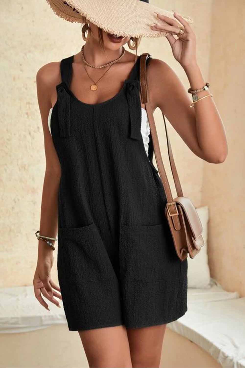 Black Adjustable Straps Pocketed Textured Romper