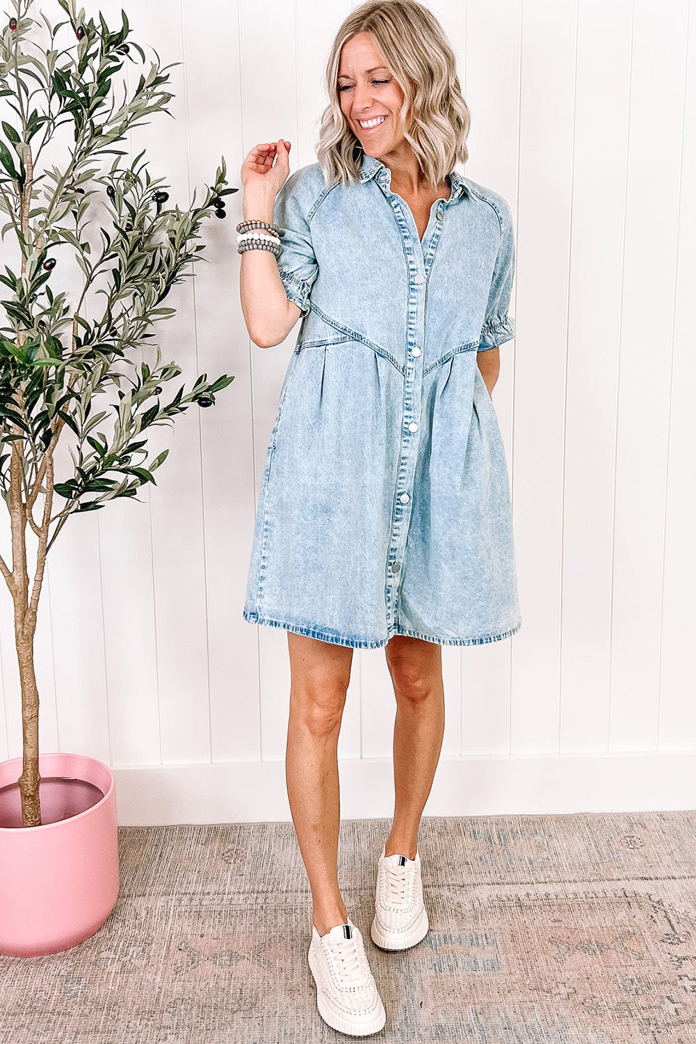 Beau Blue Mineral Wash Ruffled Short Sleeve Buttoned Denim Dress