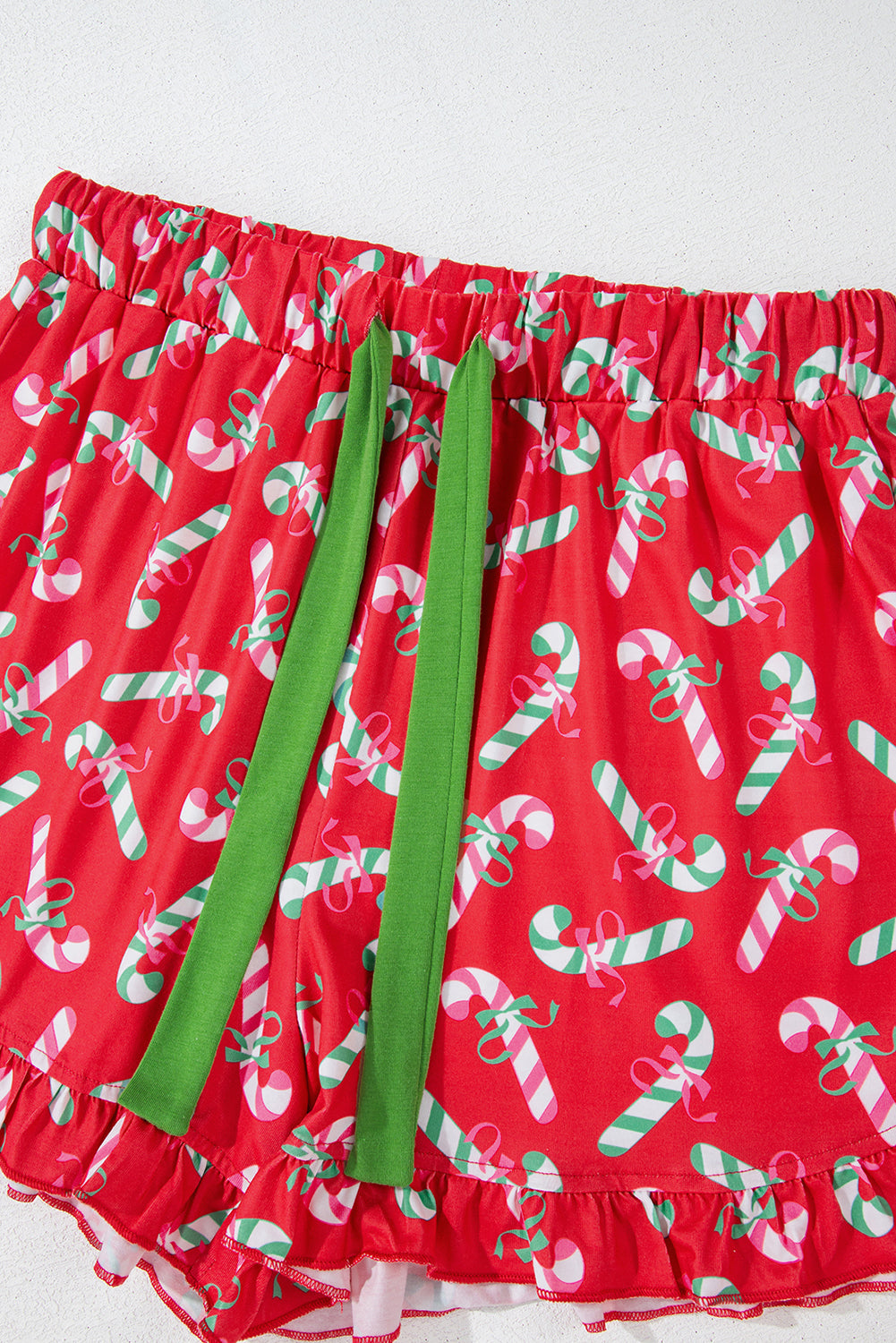 Green Christmas Candy Cane Print Ruffle Hem Pajama Set