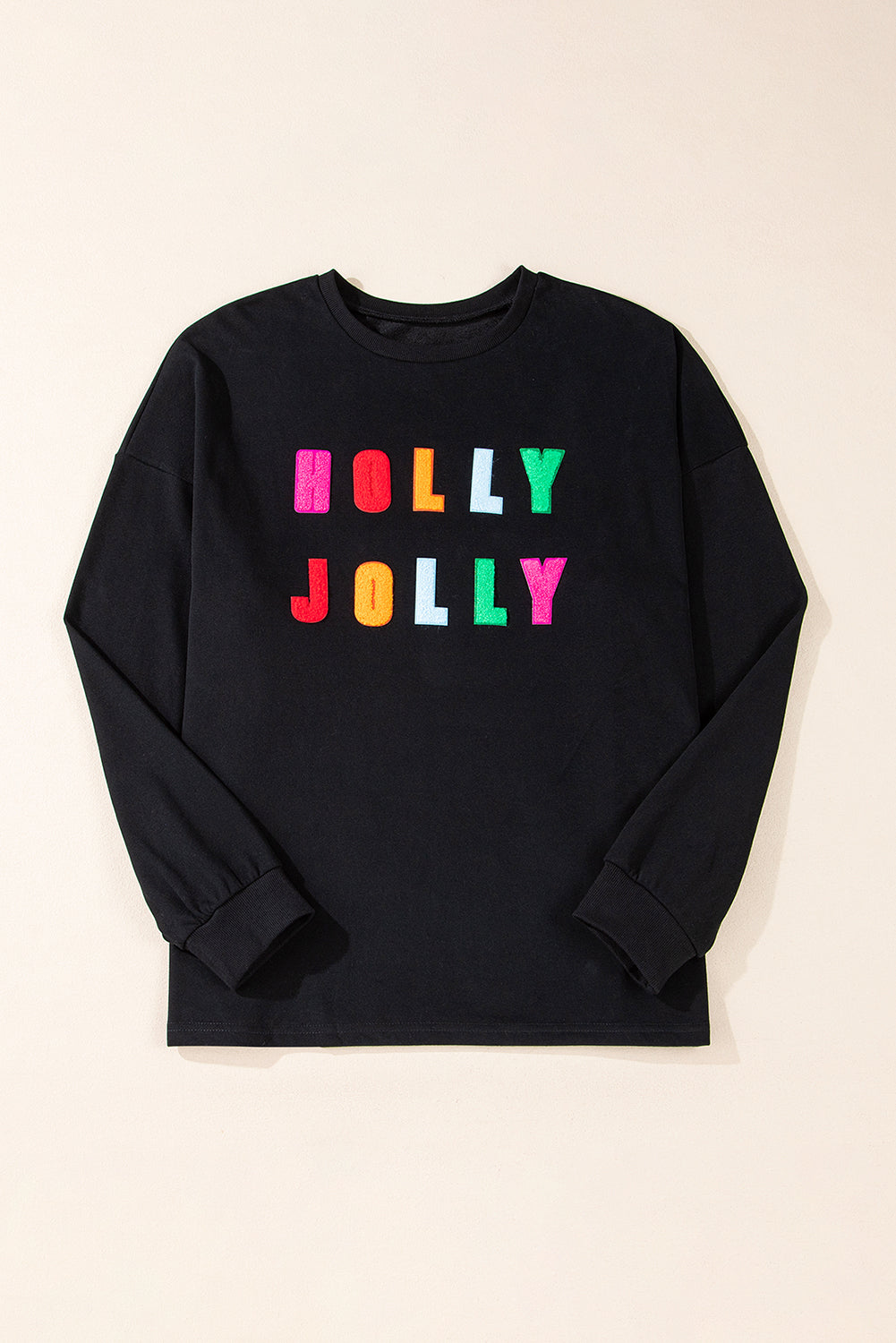 Black Chenille Holly Jolly Graphic Christmas Long Sleeve Top