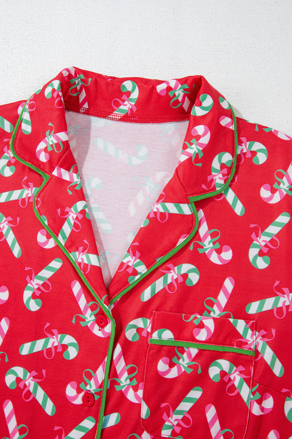 Green Christmas Candy Cane Print Ruffle Hem Pajama Set