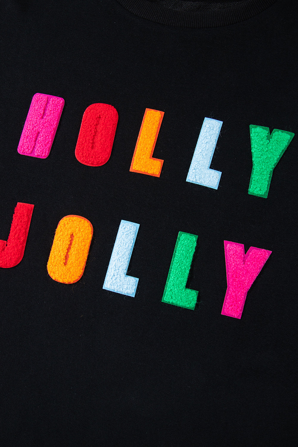 Black Chenille Holly Jolly Graphic Christmas Long Sleeve Top