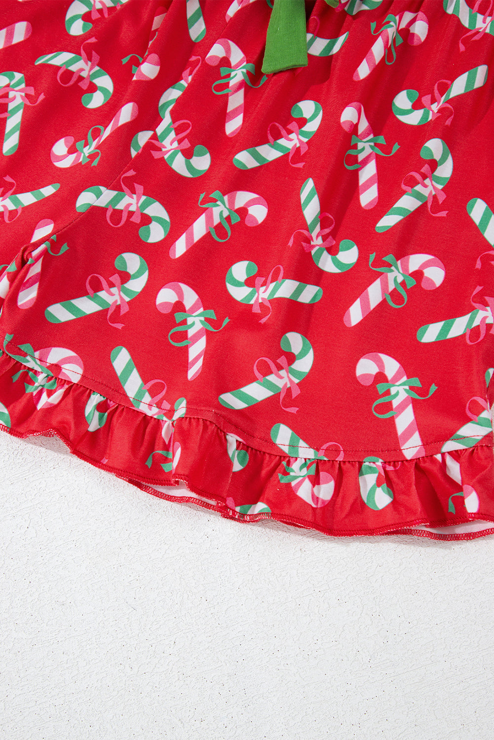 Green Christmas Candy Cane Print Ruffle Hem Pajama Set