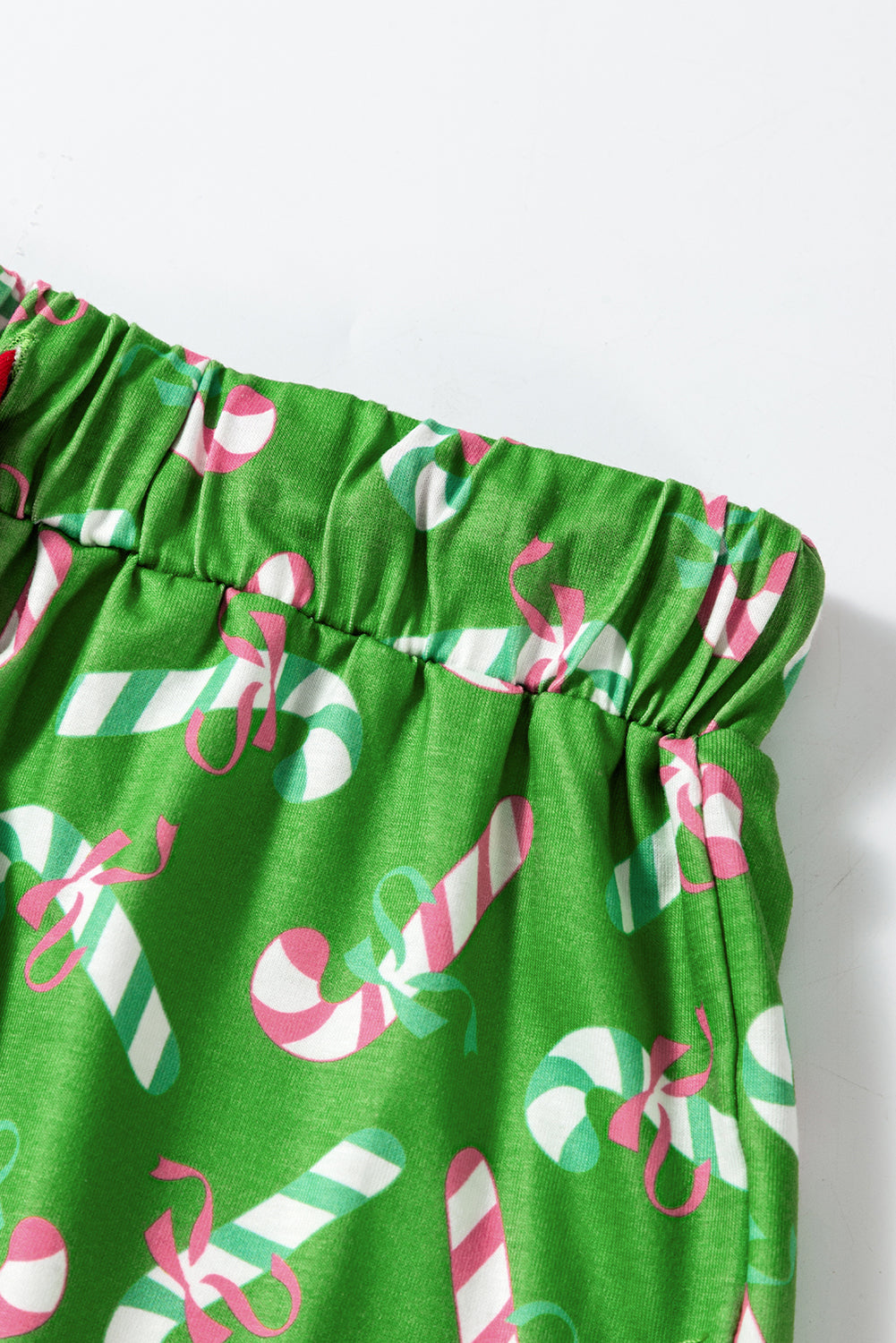 Green Christmas Candy Cane Print Ruffle Hem Pajama Set