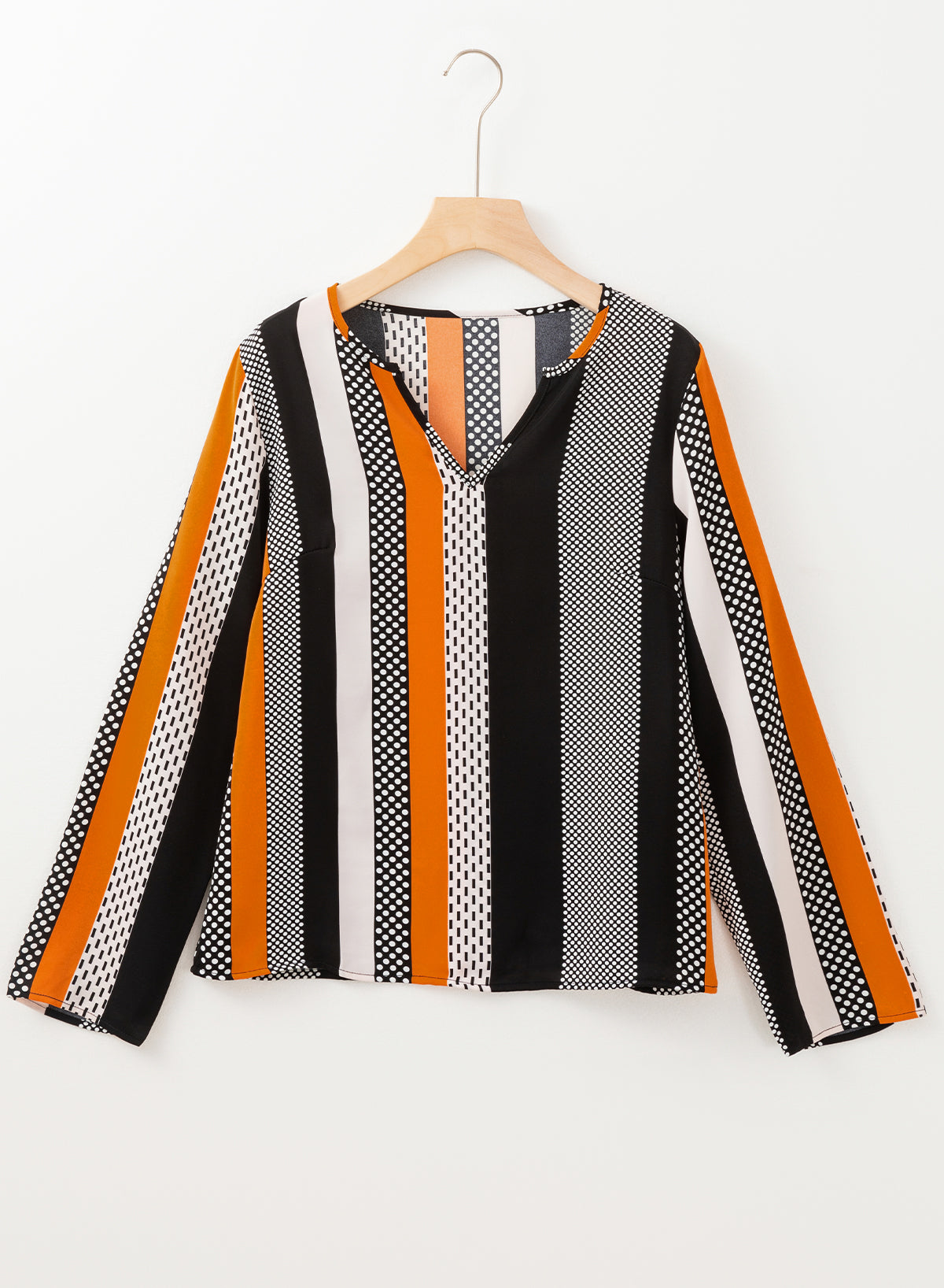 Orange Polka Dot Print Colorblock Notched Neck Top