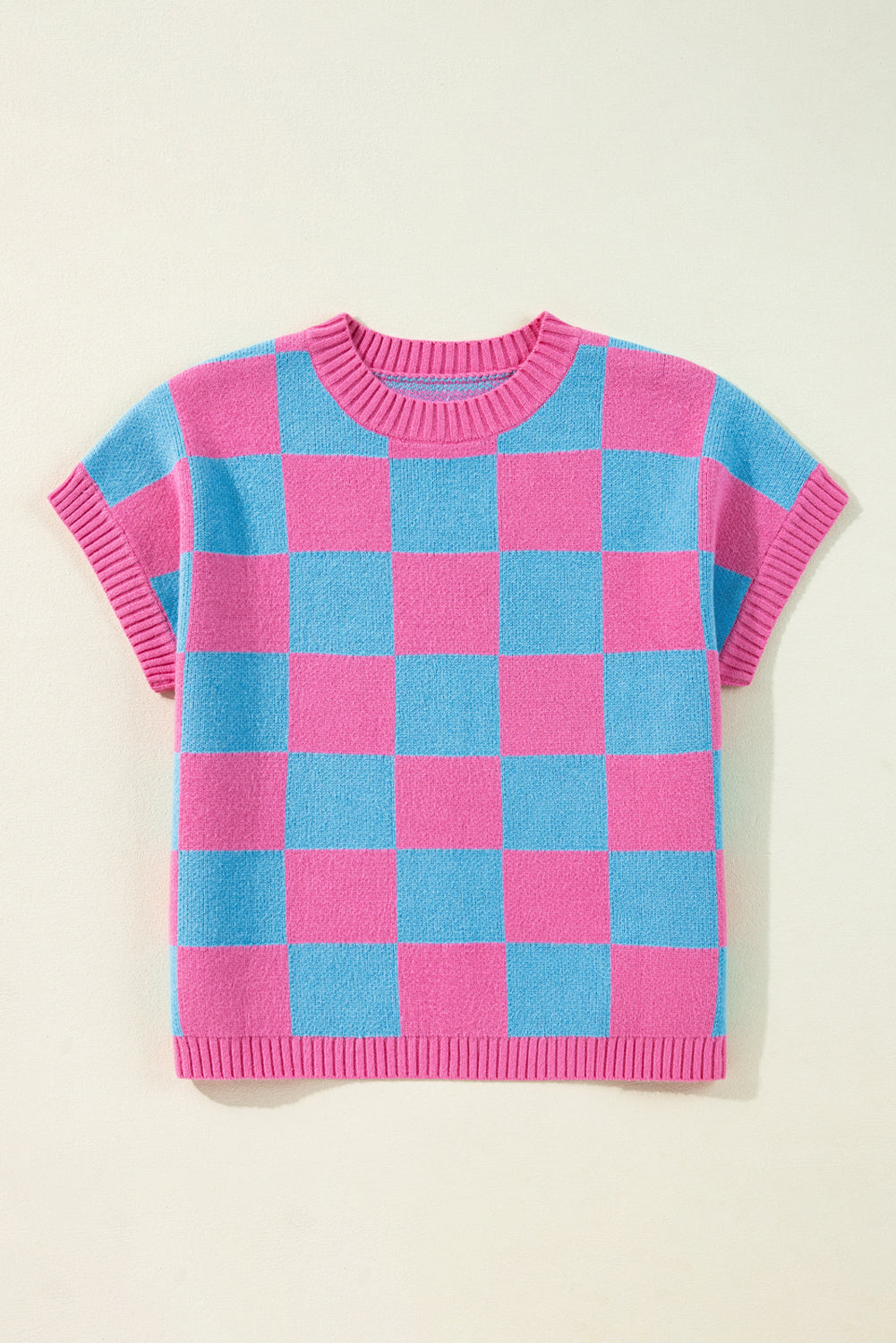 Strawberry Pink Colorblock Plaid Knit Dolman Tee